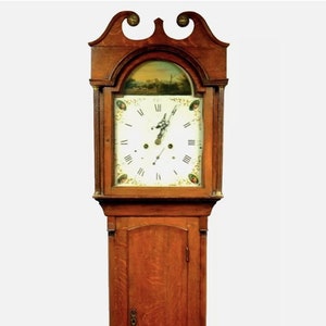 Antique English Grandfather Clock: Oak & Mahogany Tall Case Clock