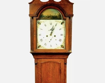 Antique English Grandfather Clock: Oak & Mahogany Tall Case Clock