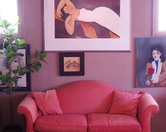 Vintage Baker Furniture Flamingo Pink Camelback Embroidered Loveseat Sofa