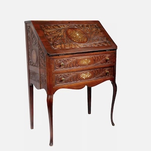 19th Century French Bureau Secretary Writing Desk with Drop Front Drawer Engraved and Hand Painted