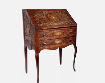 19th Century French Mahogany Secretary Desk: Engraved Hand-Painted Bureau