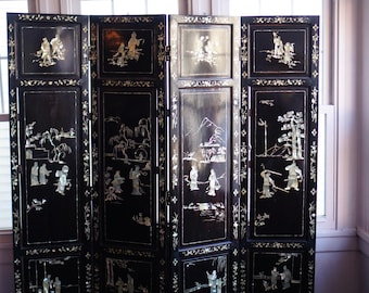 Antique Folding Asian Room Divider on Mother of Pearl & Black Hardwood (64" x 72")