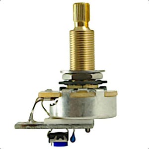 May include: A close-up of a potentiometer, a variable resistor used in electronics. It features a gold-colored, ridged shaft for adjustment, a silver-colored body, and various small components. A blue component is visible at the bottom.