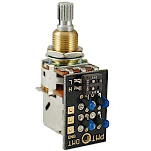 May include: A silver and gold electronic component with a rotating knob and a black circuit board. The board has blue components and the text "PMT DMT GND". The component is designed for electronic devices.