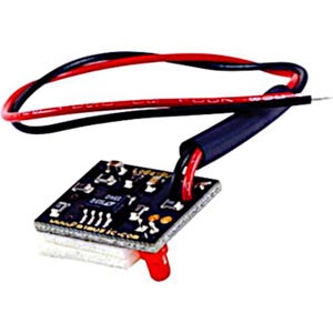 May include: A small black circuit board with various components, including a red LED and a white base. Red and black wires extend from the board. The text "www.patmusic-ic.com" is visible on the board.