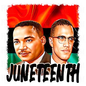 May include: A digital illustration of two men with the word "Juneteenth" in bold black letters. The men are depicted against a red, black, and green background, reminiscent of the Pan-African flag.