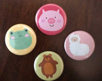 1.25" Cute Animal Buttons - Pinback Buttons - Cute - Gift - Vegan - Farm Animals - Pig - Alpaca - Bear - Frog - Accessory