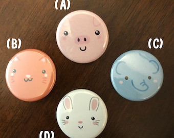 1.25" Cute Animal Faces Pinback Buttons - Accessory - Cute - Bunny - Kitty - Cat - Pig - Elephant