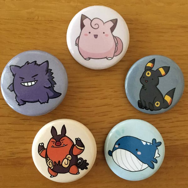 1.25" Cute Pokemon Pinback Buttons - Gengar - Clefairy - Wailord - Pignite - Umbreon - Combee - Oddish - Goomy - Emolga - Tepig