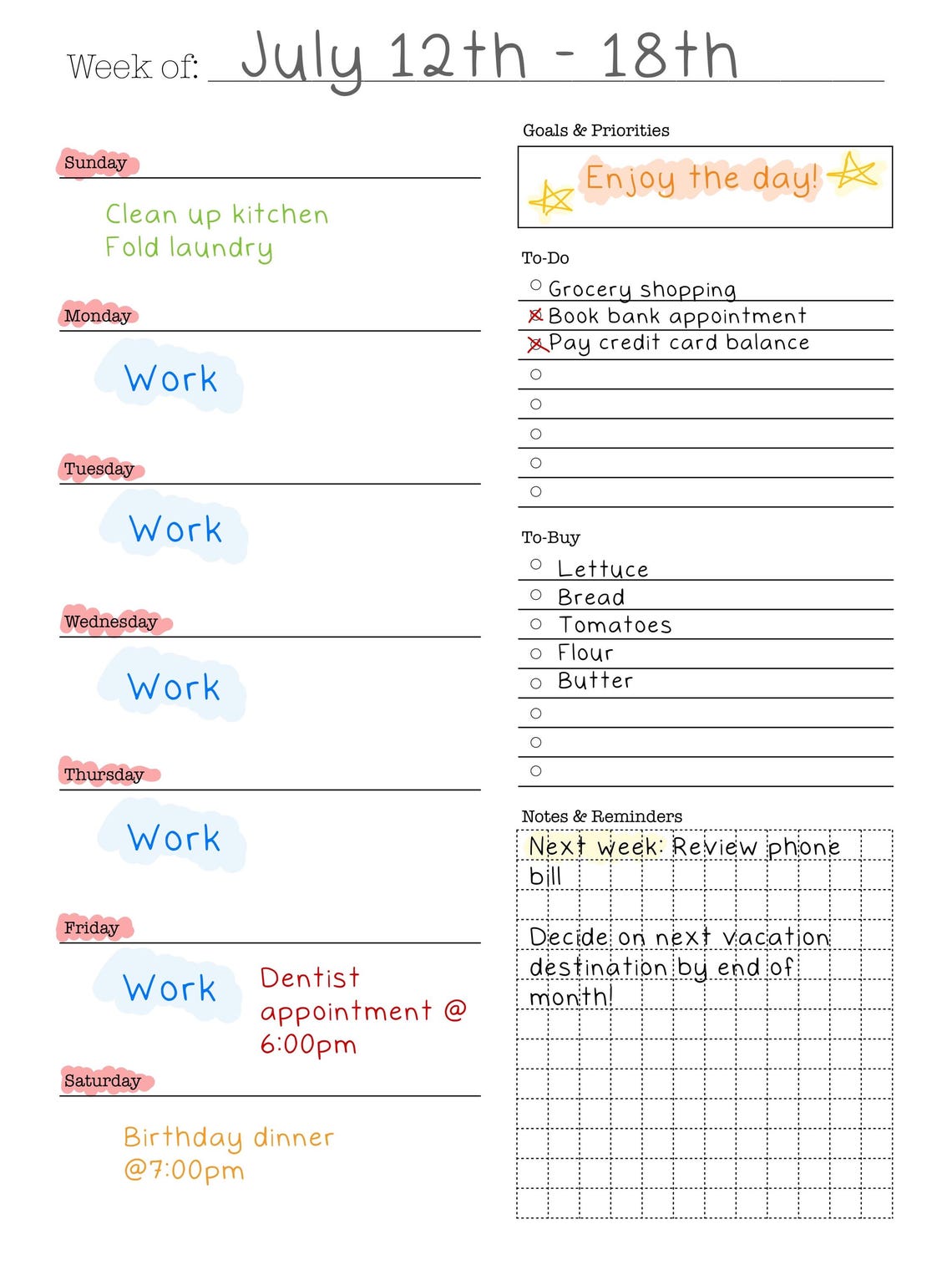 Simple Weekly Planner Template – Digital or Printable (PDF) - Etsy