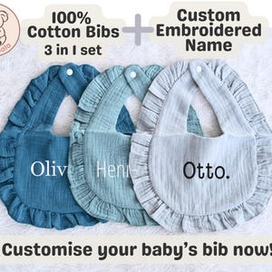 3セットのパーソナライズされた刺繍入りベビービブ - 幼児用カスタムネームビブ - 柔らかいコットンベビーギフト - ベビーシャワーまたは新生児の記念品
