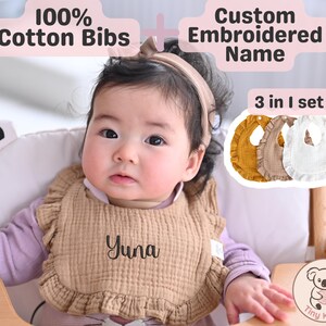 3セットのパーソナライズされた刺繍入りベビービブ - 幼児用カスタムネームビブ - 柔らかいコットンベビーギフト - ベビーシャワーまたは新生児の記念品