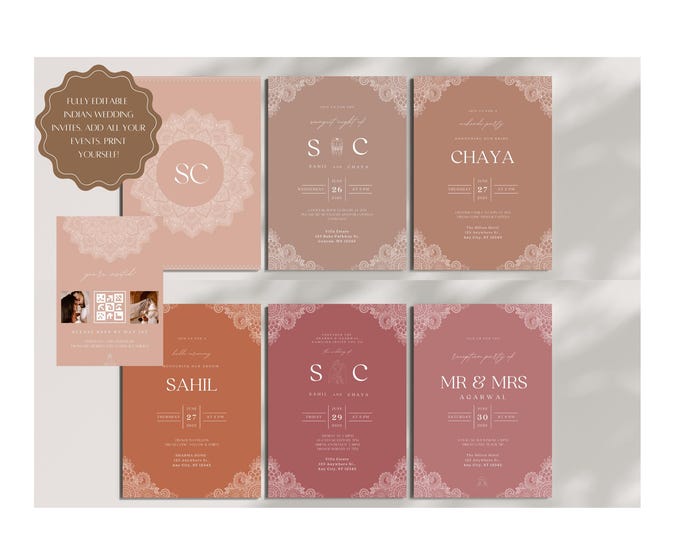 Featured listing image: Complete Indian Wedding Template Pack: Sangeet, Haldi, Ceremony & Reception (Editable on Canva)