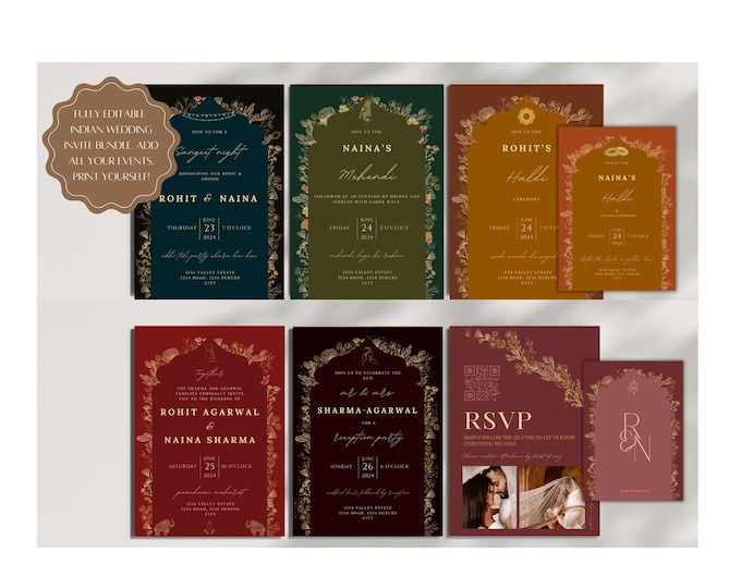 Featured listing image: Complete Indian Wedding Template Pack Dark Neutral: Sangeet, Haldi, Ceremony & Reception (Editable on Canva)