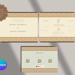 Könnte beinhalten: Indische Hochzeitseinladungen mit cremefarbenem Hintergrund und floralem Rand. Die Einladungen enthalten die Namen Heera Agarwal und Arnav Sharma sowie Details zur Veranstaltung. Das Canva-Logo ist sichtbar.