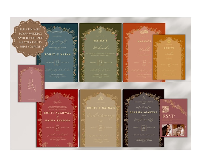 Featured listing image: Complete Indian Wedding Light Neutral Template Pack: Sangeet, Haldi, Ceremony & Reception (Editable on Canva)