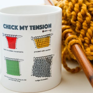 Coffee or Tea Mug for Knitters - "Check My Tension" Knitting Graphic