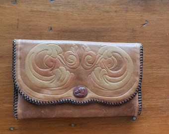 Vintage Tooled Leather Wallet Clutch with Dog Snap