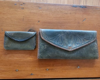 Green Leather Tooled Clutch and Coin Purse