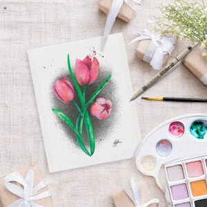 Watercolour and Ink Tulip Artwork Linen Gift Card