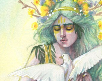 Puede incluir: Una pintura de acuarela de una mujer con cabello verde largo que lleva una corona de flores amarillas. Ella sostiene una paloma blanca en sus manos. El fondo es de un amarillo suave.