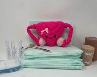 May include: A handmade, pink crocheted uterus with a smiling face and a small bow, resting on a stack of light blue pads. Medical supplies, including scissors, bandages, and vials, are arranged around it. The theme is medical and anatomical.