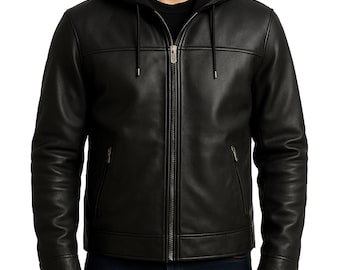 メンズ ブラックレザー フード付きジャケット - 取り外し可能なフード