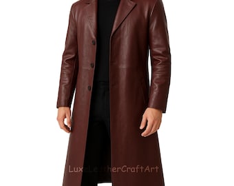 Herrtrenchcoat i rödbrun läder | Handgjord överrock i äkta läder | Lättviktskappa för män | Halloween-cosplaykappa | Presenter till honom