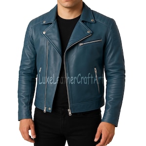 Handmade Blue Leather Biker Jacket for Men | Real Leather Motorcycle Style Jacket | Real Leather Jacket | Gifts For Him | Gifts