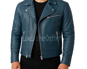 Chaqueta de motociclista de cuero azul hecha a mano para hombre / Chaqueta estilo motociclista de cuero auténtico / Chaqueta de cuero auténtico / Regalos para él / Regalos