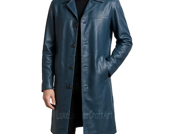 Handgjord blå lädertrenchcoat för män, handgjord lång överrock i äkta läder, lång steampunk-kappa, vintermodekappa, presenter till honom