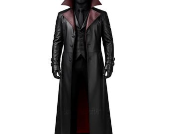 Handmade Black Gothic Vampire Leather Long Cosplay Coat for Men, Steampunk Cosplay Costume Overcoat
