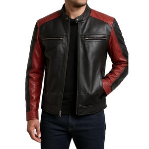 Handmade Black & Red Real Leather Biker Jacket For Men, Motorcycle Style Zip-Up Jacket, Red and Black Leather Biker Jacket, Gifts For Him