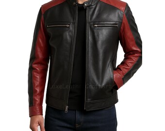 Handmade Black & Red Real Leather Biker Jacket For Men, Motorcycle Style Zip-Up Jacket, Red and Black Leather Biker Jacket, Gifts For Him