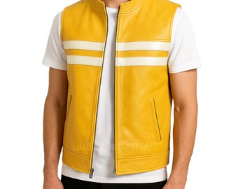 Handmade Yellow Leather Vest with White Stripes, Yellow Biker Vest for Men and Women, Streetwear Biker Vest, Gifts for Him & Her