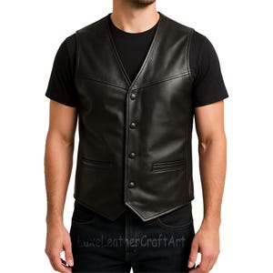 Handmade Western Cowboy Style Black Leather Vest for Men, Real Leather Vest for Men, Black Biker Leather Vest, Handmade Gifts