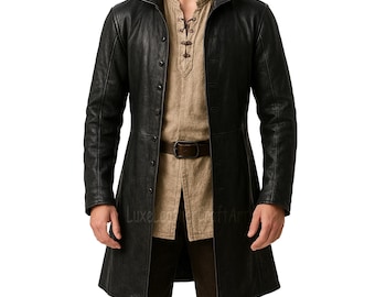 Handmade Men’s Black Medieval Leather Trench Coat, Renaissance Cosplay Coat, Vintage Style Gothic Medieval Black Coat, Gifts For Him