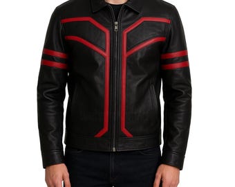 Handmade Black Leather Moto Biker Jacket for Men, Stylish Black & Red Cosplay Leather Jacket, Steampunk Jacket Outfit