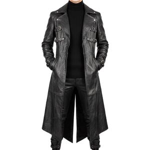 Gabardina larga de cuero negro gótico para hombre, hecha a mano, para cosplay/atuendo steampunk.