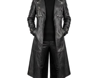 ハンドメイド メンズ ゴシック ブラックレザー ロングトレンチ コスプレコート | スチームパンク コスプレ衣装