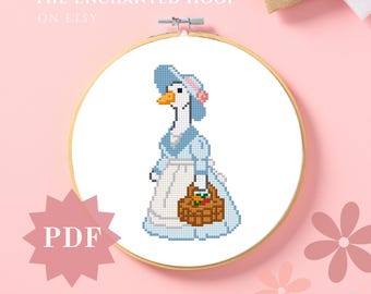 Victorian Goose Blue Cross Stitch Pattern, Instant Download, PDF Pattern