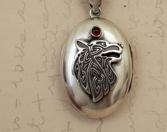 Silver Celtic Wolf locket necklace for women handmade 925 sterling silver photo locket necklace red garnet Wolf head bravery protect guide