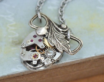 steampunk silver charm necklace leaf pendant gift for her layering stackable stacking fun to wear unique gift for her watch movement charm