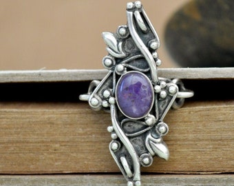 Silver sugilite statement ring 925 sterling silver large oversized ring, native American style vintage flower and leaf ring gift size 6