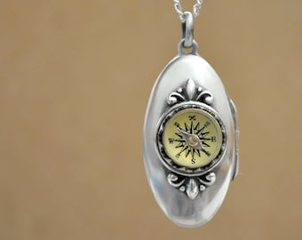 925 silver working compass necklace locket for photos, vintage style compass necklace for her guidance jewelry point to North compass