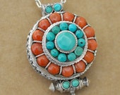 vintage find sterling silver handmade red coral and blue turquoise pill box container locket necklace, prayer box religious bubbliest
