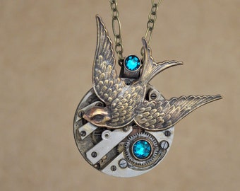 steampunk Sparrow Bird watch movement OOAK handmade necklace Swarovski blue zircon rhinestones antiqued brass jewelry gift for women