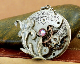 steampunk jewerlry necklace LOVE TAKES TIME antique year 1900s Waltham pocket watch movement necklace with iris flower