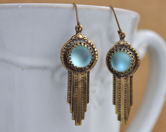 ART DECO EARRINGS antiqued brass art deco style earrings with vintage matte light blue color glass cabs