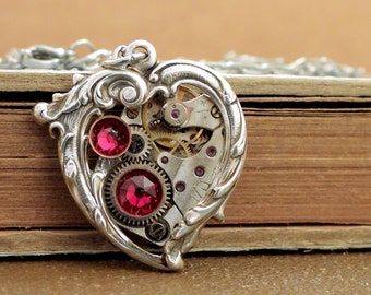 Silver Steampunk heart jewelry red garnet rhinestones Valentines day gift In My HEART All the TIME Victorian style heart necklace